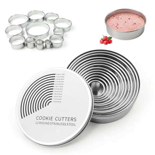 12 Pcs Round Cookie Cutter Set Pastry Cutters for Baking Stainless Steel Circle Biscuit Cutters Durable Ring Scone Cutter for Baking Pastry Donut Fondant Dough DIY Cake (12 Sizes)