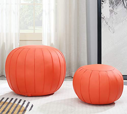 Comfortland Unstuffed Ottoman Pouf Covers,Large Faux Leather Foot Stool, 25x17 Inches Round Poof Seat, Floor Bean Bag Chair,Foot Rest Storage Solutions for Living Room, Bedroom, Kids Room Orange red - Thumbnail 3