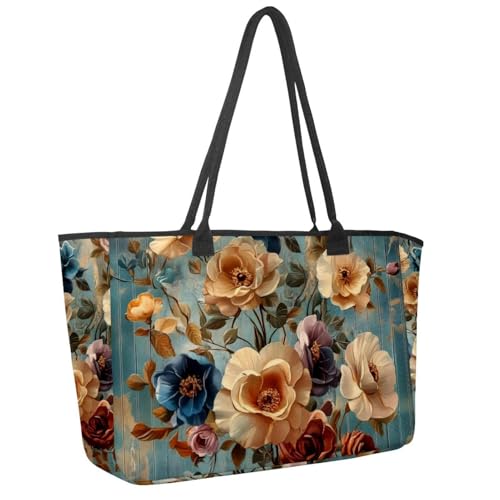 Large Beach Bag for Women, Retro Paper Flower Travel Tote with Pockets Waterproof Shoulder Handbag