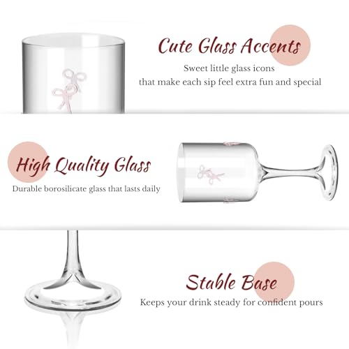 Xumldar 2PCS 12OZ Icon Wine Glasses High Borosilicate Glass Party Glassware, Durable & Lead-Free Decorative Drinkware, Unique Gift for Wine Lovers, Party & Home Bar Use (Wine Glass, Pink Bow) — view 3