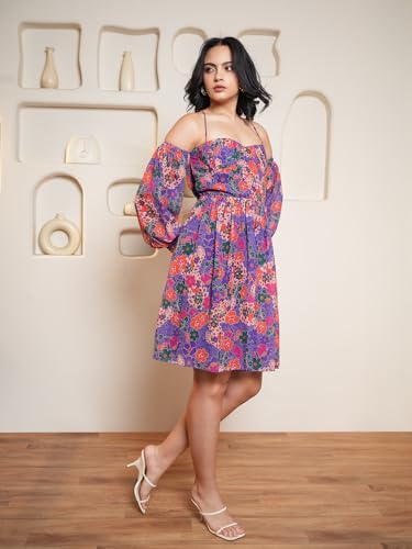 Image of PURVAJA Women's Fit & Flare Above Knee Length Dress (Floe-028-030)