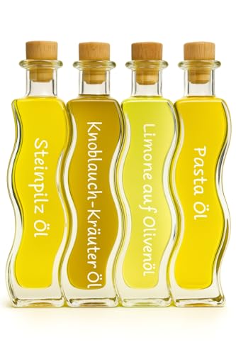 Gourmet Öl Geschenkset – [4x100ml] Feinkost Öle: Steinpilzöl, Knoblauch-Kräuteröl, Pasta Öl & Limonen Olivenöl – Handbeschriftet, Premium Geschenk für Genießer & Hobbyköche