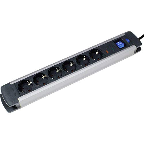 as - Schwabe 18366 Regleta de 6 enchufes protección contra sobretensiones de aluminio con interruptor y protección infantil, 1,5 m de cable, conector Schuko, 1 pieza, plata