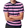 Casual Men's Striped T Shirt Short Sleeve Crew Neck Style Colorful Stripes Printed T-Shirts Retro Loose Tops B-Pink #5