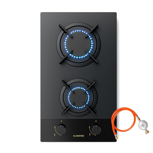 Klarstein Goldflame Nano Plaque De Cuisson Gaz, 2 Brûleurs Laiton, Verre Trempé 30cm, 4200W, Allumage Automatique & Sécurité Flamme, Kit Conversion GN/GPL, Nettoyage Facile Nano
