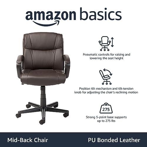 Image of Amazon Basics Office Task Chair with Adjustable Height, 360 Swivel, Padded Armrests, Mid-Back, Rolling, 275 Pound Capacity, 24 inchD x 24.2 inchW x 34.8 inchH, BIFMA Certified, Dark Brown Faux Leather