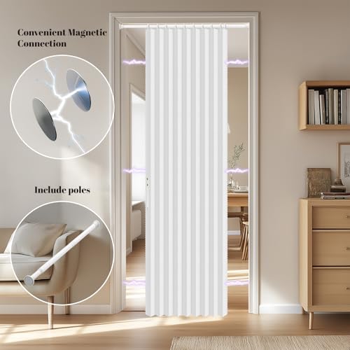 Image of AJAZZ Blackout Magnetic Door Curtain with Curtain Rods 39-52 in Length Accordion Door Closet Door Curtain Invisible Applicable Bedroom Room Living Room Doorway (1 Panel, 54 W x 78 L, White)