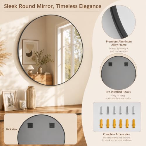 Image of Easly 40 Inch Round Mirror, Black Metal Frame Wall Mirror for Bathroom
