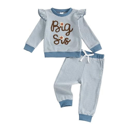 Big Sister Outfits Toddler Girl Long Sleeve Top and Striped Pants Set Kid Infant Baby 2Pcs Fall Winter Waffle Clothes