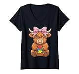 Mujer Highland Cow Autismo Puzzle Concientización Enseñar Niños Niñas Camiseta Cuello V