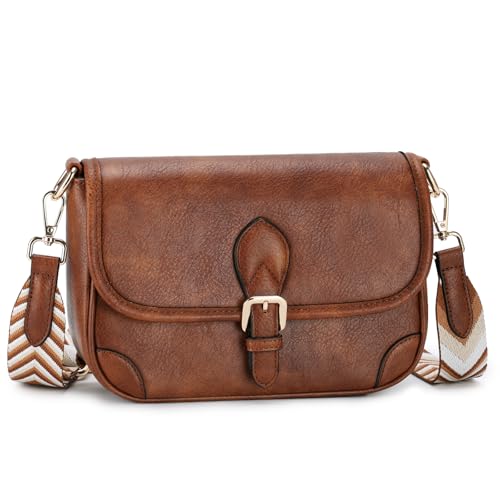 RAVUO Small Crossbody Purse, Trendy Women Vegan Leather Shoulder Purse Handbags Ladies Satchel with Adjustable Wide Strap,Brown