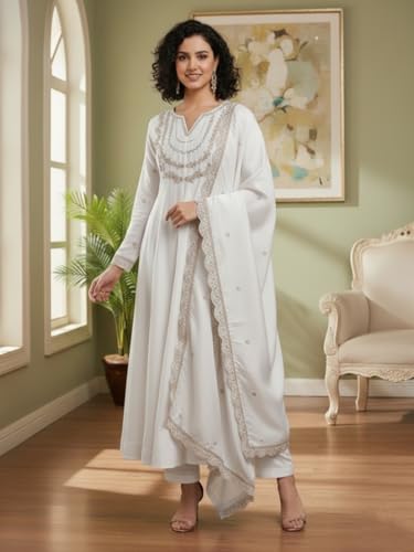 Image of Yashika Women's Silk Blend Embroidered Anarkali Kurta Set with Dupatta | Full Length Ethnic Wear for Women | Wedding