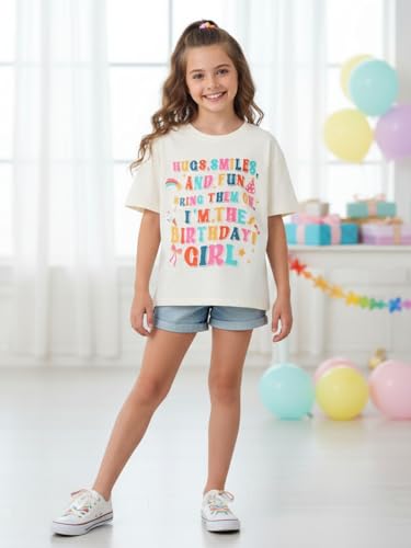 Image of WELAKEN Girls Soft T-Shirt with Curved Hem, Breathable Stretchy Rayon Crewneck Short Sleeve Tees, Kids Everyday Basic Top