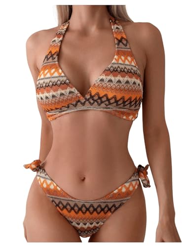 SOLY HUX Women's Boho Bikinis Printed Halter Swimsuit Two Piece Bathing Suits Summer Beach Wear Orange Geo Medium