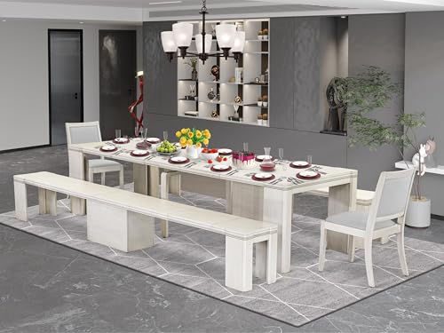 Image of X02X2-20W-27 5-Pc Dining Room Table Set includes an Extendable Rectangle Kitchen Table, 2 Stackable Polyester Chairs and 2 Modern Benches, 39x120 Inch, Antique White