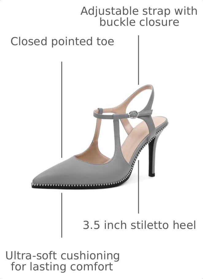 Image of SAMMITOP Womens High Heels Ankle Strap Pointed Toe Stilettos Patent Leather Beaded Pumps Dress Shoes 3.5 Inch