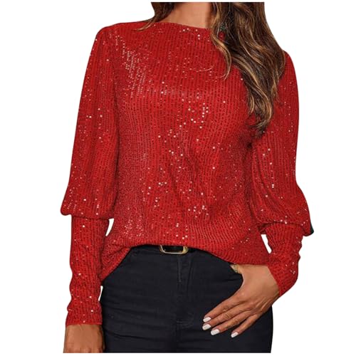 Glitzer Bluse Damen Casual Pailletten Mode Rundhalsausschnitt T-Shirt Lang Ärmeln Elegantes Top für Abend Party & Festliche Anlässe Elegant...