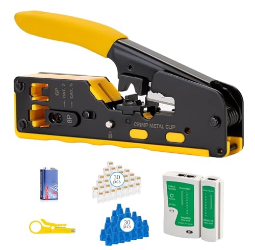 Image of SmartTech Cat7 Crimping Tool kit RJ45 All in One Passthrough Crimper for Cat5 Cat6 Cat7 Includes Ethernet Network Cable Tester with Battery, wire Stripper cutter,30pc Cat6 Connectors & 30pc Boots