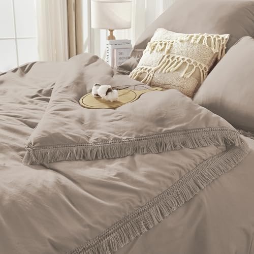 Image of Andency King Size Comforter Set with Sheets Khaki - 7 Pieces Bed in a Bag Boho Soft Lightweight Bedding Sets, Tassel Bed Set with Comforter, Sheets, Pillowcases & Shams