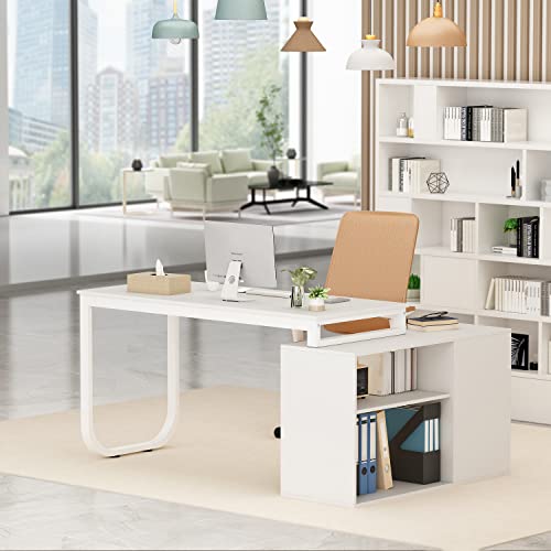 Agoteni Home Office Computer L-Shaped Desk Corner Desk With 3 Drawers & 2 Shelves, 55 Inch Large Study Writing Table With Storage Cabinet (White) #TOP2