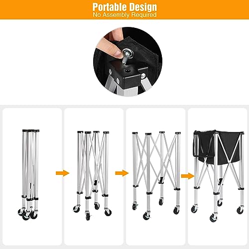 Lineslife 180-Ball Tennis Ball Hopper, Lightweight Tennis Ball Basket Cart with 4 Wheels & Brakes, Detachable Oxford Fabric Bag for Tennis and Pickleball Training, Black