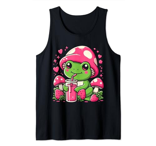 Camiseta Kawaii de rana y hongos - Amante de la fresa Camiseta sin Mangas