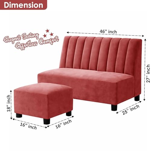 Image of Rosebell 2 Seater Sofa Set with Ottoman, Plush Upholstered Couch with Matching Footrest, Modern Comfortable Seating for Living Room Bedroom Home Furniture - Rose Pink Color