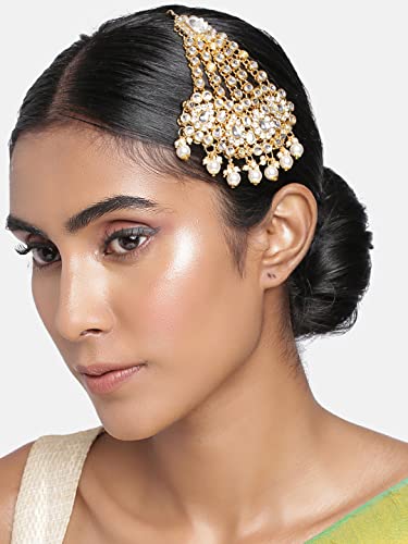 Image of I Jewels Gold Plated Mughal Beautiful Long Pearl Kundan Jhumar Passa /Jhoomar Maang Tikka for Women