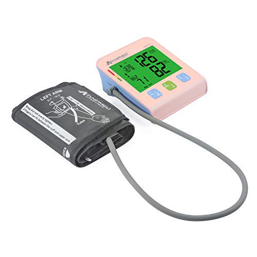 Amplim Digital Blood Pressure Monitor, Automatic Upper Arm Universal Cuff and Premium Travel Storage Case, Jumbo Color Backlit Display, 180 Memory, Includes Batteries, Pink Blue