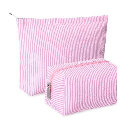 Image of Huhumy 2 Pcs Makeup Bag Set Cute Cosmetic Pouch for Women Seersucker Travel Toiletry Bag Preppy Small Makeup Purse Pouch Aesthetic Skincare Brushes Storage Organizer for Valentine Women(Pink)