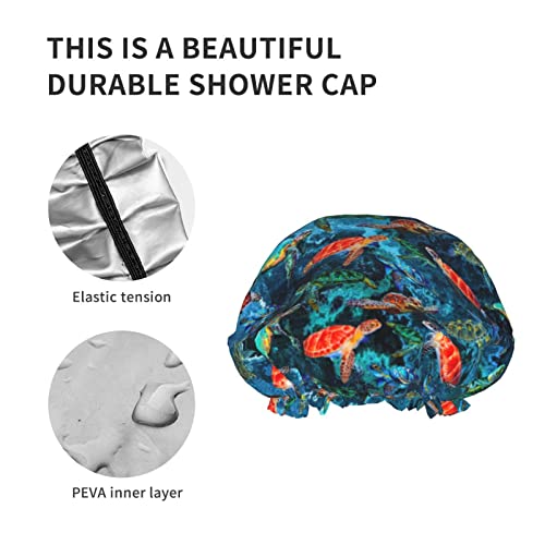 Image of Sea Turtle Shower Cap For Women Adjustable Double Waterproof Layers Bathing Bath Cap Hair Protection Reusable Ladies Spa Salon Shower Hat