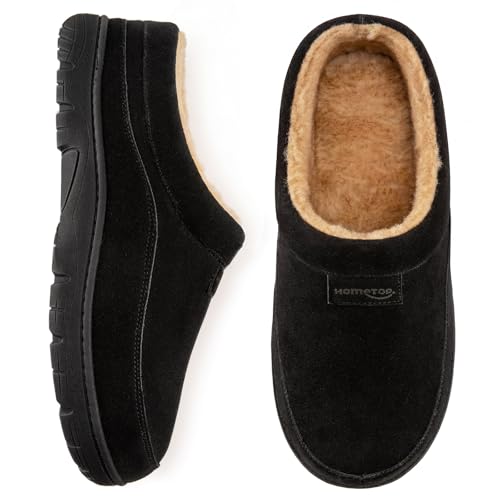 HomeTop Men's Moccasin Slippers Soft Warm Non-slip Memory Foam Indoor House Shoes with Fluffy Lining Black, 9-10 US