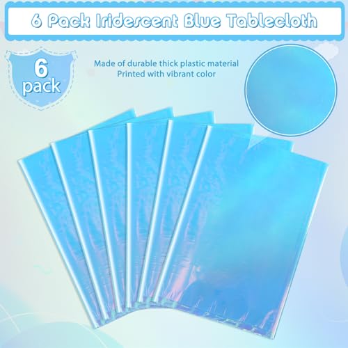 Image of 6 Pack Iridescent Blue Plastic Tablecloth, Shiny Blue Disposable Laser Rectangle Table Covers, Blue Holographic Foil Tablecloth Party Decorations for Birthday Bridal Wedding Christmas, 40 x 108 Inch