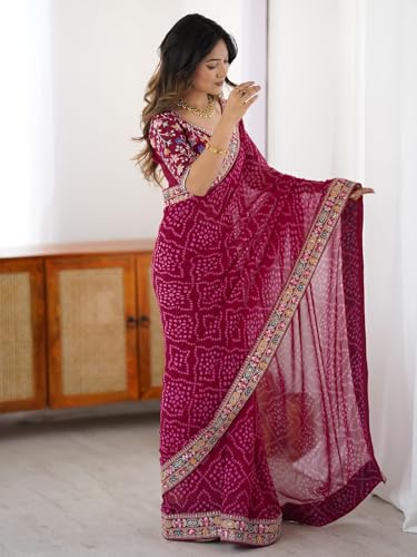 Image of Satrani Women's Georgette Bandhani Printed Sequin Embroidery Saree with Unstitched Blouse Piece