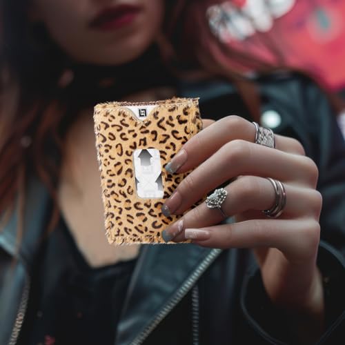 Image of LLH Leather Trifold Wallet - RFID Blocking with Stainless Steel Locking Clip Wallet, Minimalist Front Pocket RFID Blocking Credit Card Holder (Leopard)