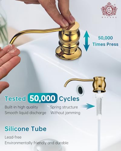 Image of Built in Deck Mount Liquid Lotion Kitchen Countertop Metal Soap Dispenser, Gold Brass Dispenser Pump with 500ml (17oz) High Capacity Bottle