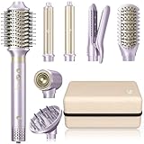 Hair Dryer Brush 8-in-1 Dual Voltage Hot Air Styler – Fast-Drying 110,000 RPM Ionic Blow Dryer with Straightener & Curler Attachments, Frizz-Free Volumizing Styler with Protective Hard Case-Purple