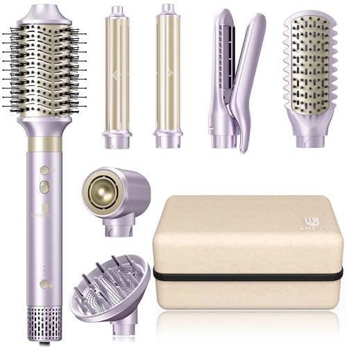 Hair Dryer Brush 8-in-1 Dual Voltage Hot Air Styler – Fast-Drying 110,000 RPM Ionic Blow Dryer with Straightener & Curler Attachments, Frizz-Free Volumizing Styler with Protective Hard Case-Purple