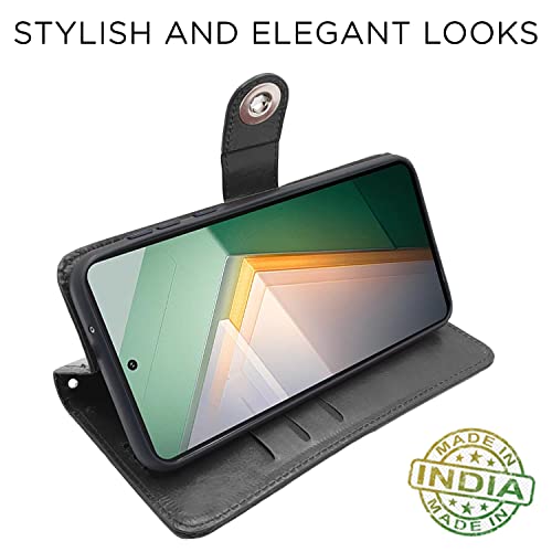Image of Pikkme iQOO 11 5G Flip Cover Leather Finish | Inside TPU with Card Pockets | Wallet Stand and Shock Proof | Complete Protection Button Flip Case (Black)