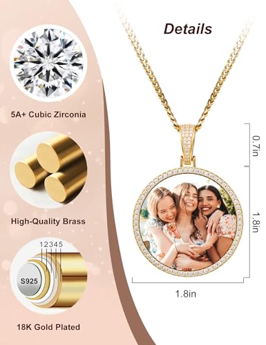 TUHE Custom Necklace For Men Women, Picture Necklace Personalized Photo Pendant With Engraving Text, 18K Gold Plated Custom Memorial Pendant Cubic Zirconia Rip Chain, Big Round Size-1.8 * 2.5in4