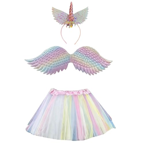 Chewtoyo Juego de disfraz de hada pequeña de 3 piezas, incluye vestido tutú arcoíris y diadema alada, ideal para celebraciones