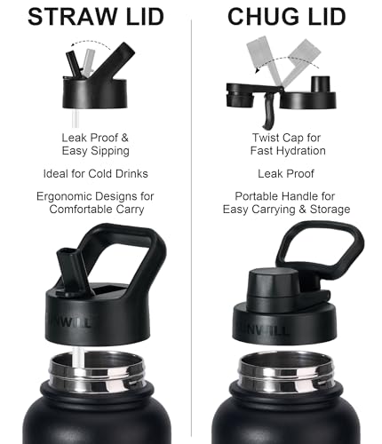 SUNWILL Insulated Water Bottle with Straw, 32 oz Vacuum Stainless Steel Metal Sports Water Bottle with Straw and Spout lid, Wide Mouth, Leak proof, Powder Coated Black - Image 3