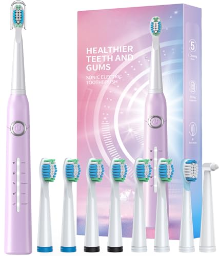 TEETHEORY Cepillo de dientes eléctrico, cepillos de dientes sónicos con 8 cabezales de cepillo 40000 VPM 5 modos, cepillos de dientes sónicos de carga rápida 4 horas duran 30 días, cepillo de dientes