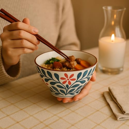 Image of YELONA Japanese Style Ceramic Bowls - 4.8 Inch (300ml), Set of 2 - Floral Design Rice /Noodle Bowls - Microwave & Dishwasher Safe, Ideal for Gifting Choice