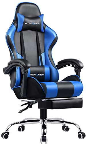 GTPLAYER ゲーミングチェア オットマン付き オフィスチェア フットレスト デスクチェア ゲーム用チェア リクライニング パソコンチェア ハイバック ヘッドレスト ランバーサポート ひじ掛け付き PUレザー ブルー PL800-BLUE