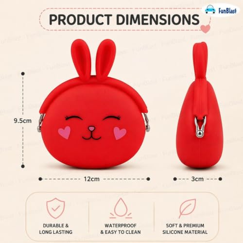Image of FunBlast Cute Bunny Shape Silicone Coin Purse for Kids & Adults - Mini Pouch for Coins, Earphones, Keys & Small Essentials, Aesthetic Pouches for Girls & Women - 12 X 9.5 X 3 Cm (Bunny-Red)