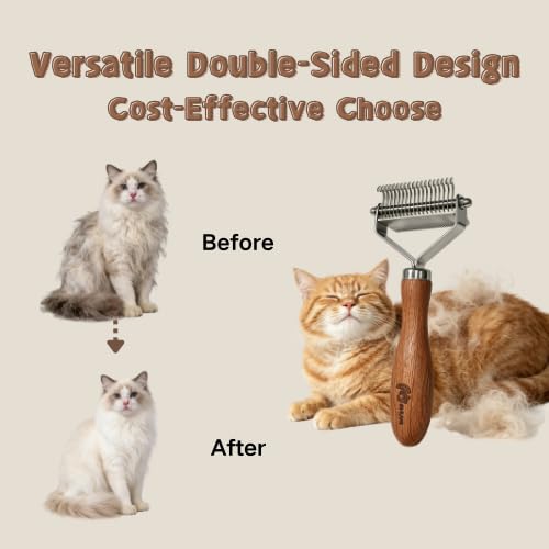 Cat Dematting Comb for Long Haired Cats, 2-in-1 Undercoat Rake for Mats, Tangles & Loose Fur, Double-Sided Grooming Tool