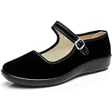 AioTio Samt Mary Jane Schuhe Damen Schwarz Ballerinas Damen Elegant Flache Schuhe Old Peking Stoff Schuhe Weicher Rutschfester Gummisohle Chinaschuhe mit Bequemem Baumwollfutter - (38 EU,240mm)