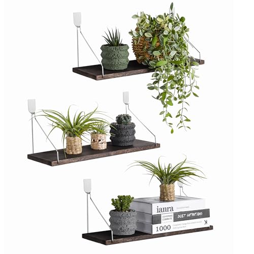 MITIME Floating Shelves Set of 3 Rustic Solid Wood Floating Shelf Wall Storage Shelves for Living Room, Bedroom, Bathroom, Kitchen Laundry, Office.no Drill Shelf(Retro Color L+L+L)