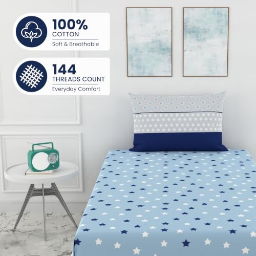 Image of LORETO - A QUALITY LINEN BRAND 144 TC 100% Pure Cotton Single Fitted Bedsheet with 1 Pillow Cover for 72 x 36 Inch Mattress, All-Around Elastic, 8 Inch Deep Pocket, Nile Blue Stars